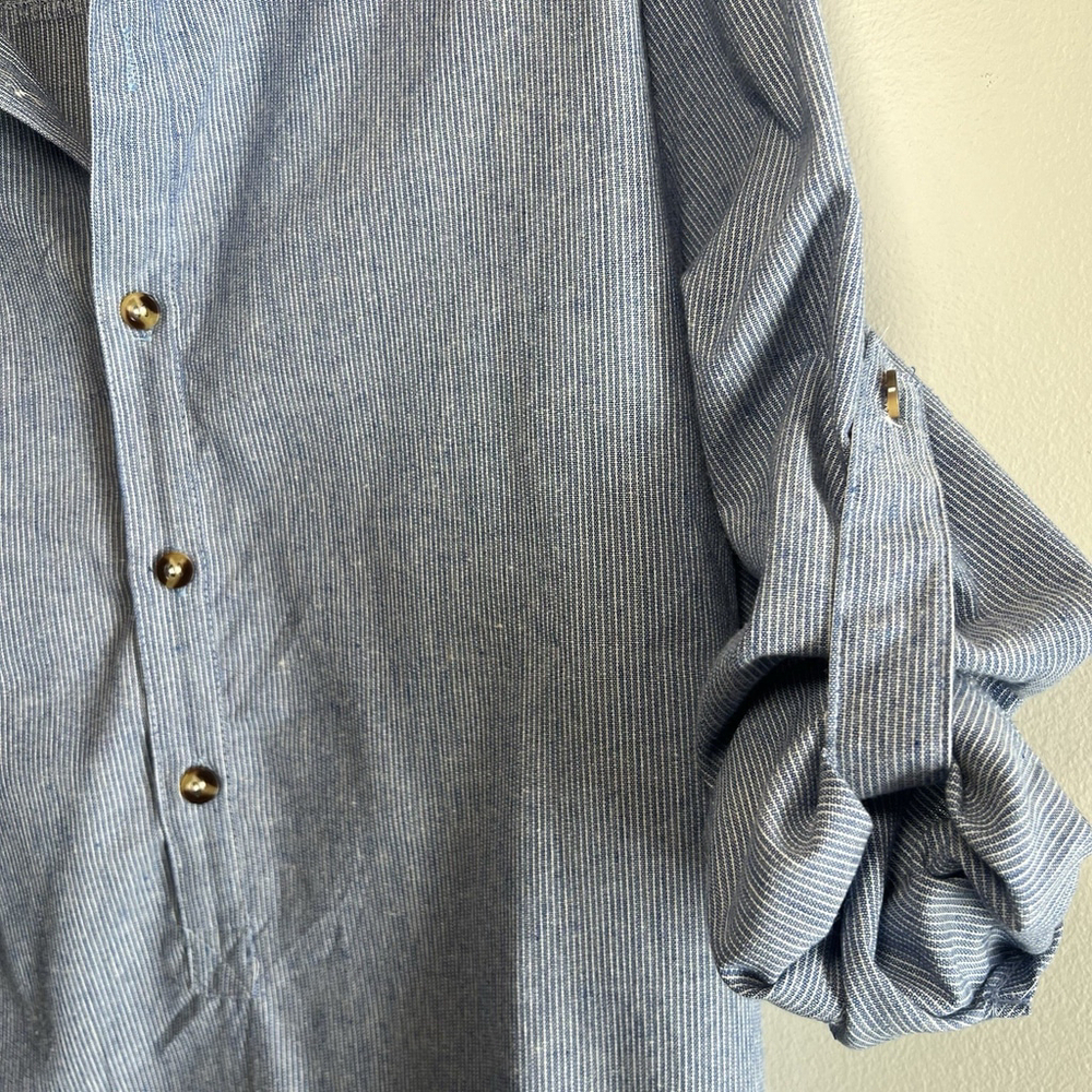 Tunic Top V-Neck Button Roll-Tab Sleeve Blue Stripe Woman’s Large No Tag - Picture 5 of 16